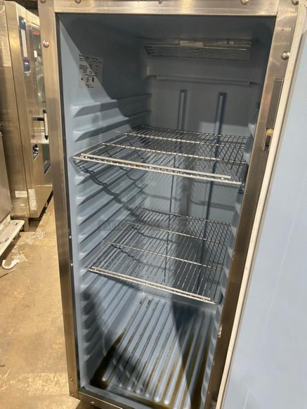 Delfield Spec Line stainless steel reach-in freezer, Model 6125XL-S, Energy Star certified, wire racks, on casters.