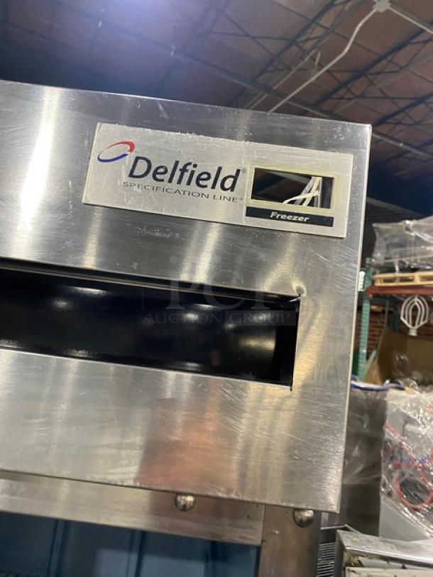 Delfield Spec Line stainless steel single-door reach-in freezer, model 6125XL-S, Energy Star certified, on casters.