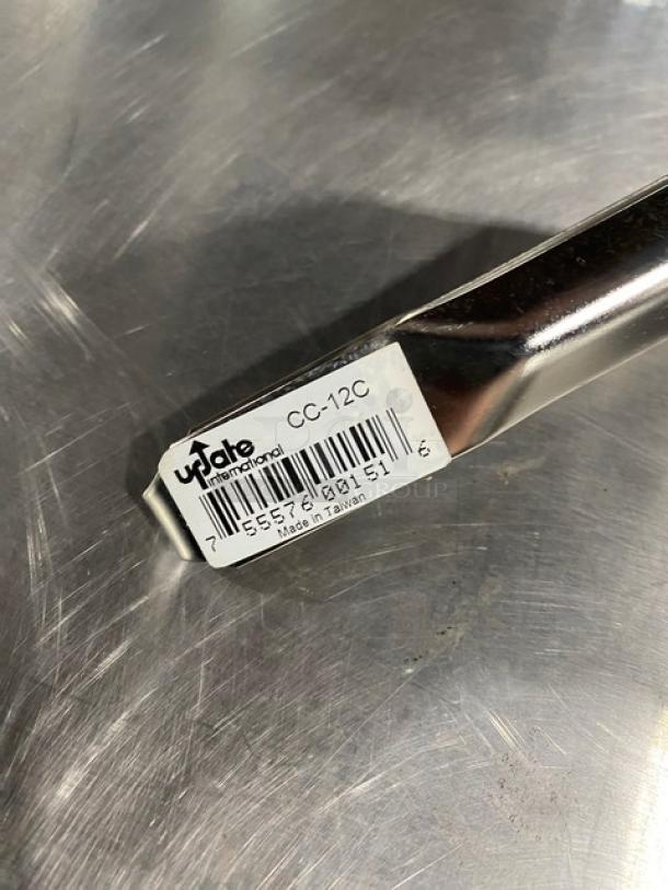 Brand new Update International 12" round coarse mesh china cap strainer, model CC12C, with label showing.