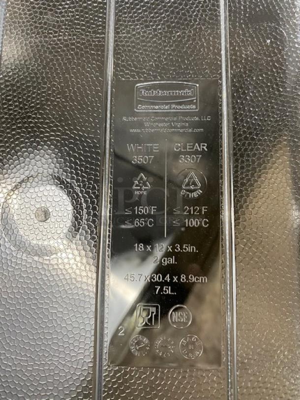 Brand new Rubbermaid Commercial 2 Gal. Clear Polycarbonate Food Storage Box, Model 3307, 18x12x3.5 in, NSF certified.