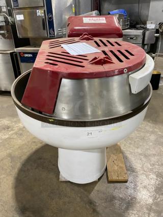 Sottoriva F080 commercial fork mixer with motorized bowl, 220V, red and silver finish. Model F0/80 SN: 22217. Heavy-duty condition.