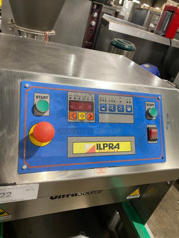 Ilpra Koch UltraSource Series 400VG stainless steel vacuum tray sealer, semi-automatic, electric, SN: FP7597, on legs.
