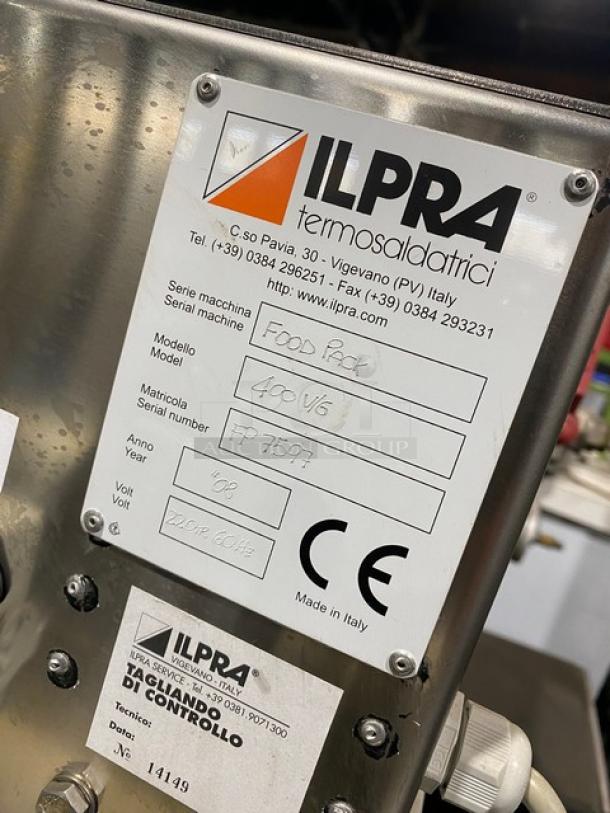 Ilpra Koch 400VG Vacuum Tray Sealer, stainless steel, electric semi-automatic, serial FP7597, 220V, on legs, with label details.