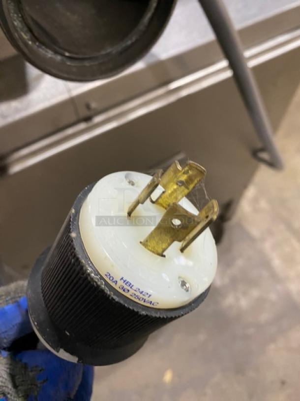 Commercial stainless steel electric sausage meat stuffer on casters, close-up of power plug labeled 20A 250VAC.