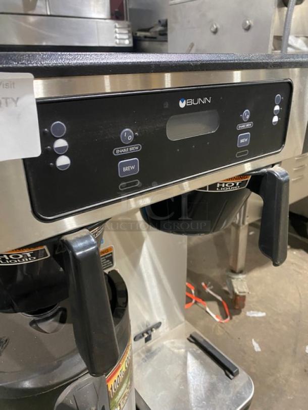 Bunn ICBTWINSH commercial stainless steel electric coffee brewer with hot water dispenser, brew baskets, portable server.