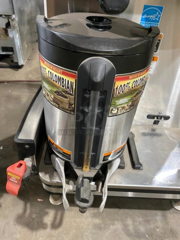 Bunn Commercial Stainless Steel Electric Twin Coffee Brewer, Model ICBTWINSH, Energy Star Certified, with hot water dispenser, brew baskets, and portable server.