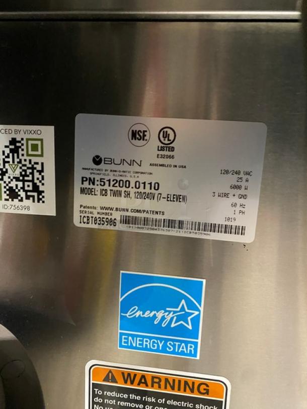 Bunn ICBTWINSH Commercial Coffee Brewer with hot water dispenser, Energy Star certified, 120/240V, on legs, label shown.