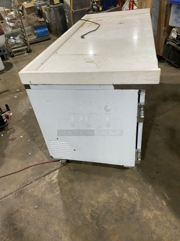 Leader ESLB72 3 Door Refrigerated Worktop Cooler, 72", white, with back & side splash, poly coated racks, on casters.