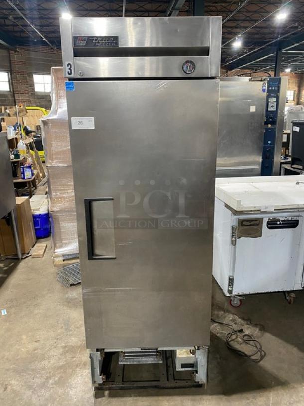 True Commercial Stainless Steel Single Door Reach-In Freezer, Model T-23F, Energy Star Certified, with poly-coated wire rack, SN: 7735473.