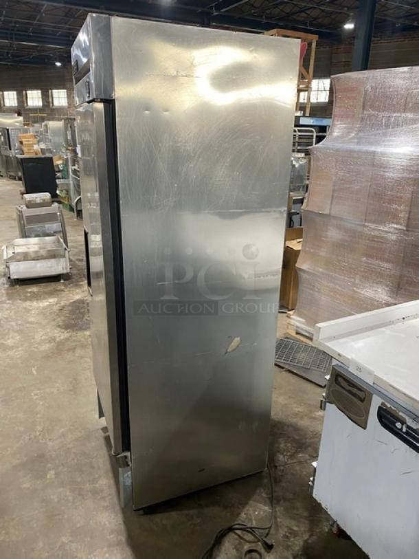 True T-23F commercial stainless steel single door reach-in freezer, Energy Star certified, with poly-coated wire rack.
