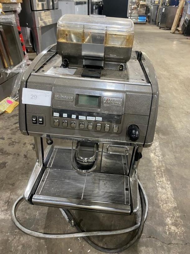 La Cimbali S39-Barsystem espresso machine, stainless steel, polycarbonate hopper, steam wand, drip tray, on legs, used condition.