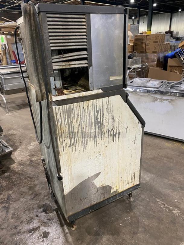 Manitowoc QY0454A ice machine, stainless steel, electric, air-cooled, on legs, used condition, 115V 1 phase, working when removed.