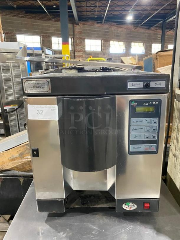 Italgi Cap-O-Mat Series commercial espresso machine, stainless steel, electric, countertop model. Features espresso, cappuccino, latte options, 110V, on legs, control panel visible.