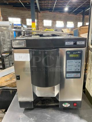 Italgi Cap-O-Mat Series commercial espresso machine, stainless steel, electric, countertop model. Features espresso, cappuccino, latte options, 110V, on legs, control panel visible.