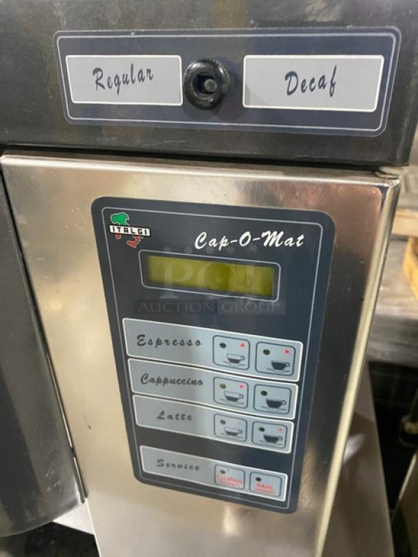 Italgi Cap-O-Mat automatic espresso machine, stainless steel, espresso/cappuccino/latte presets, 110V, countertop model.