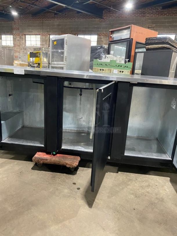 True Commercial 3-Door Black Powder Coated Kegerator, Model TDD4, Stainless Steel Worktop, Drip Tray, 90", Used Condition.