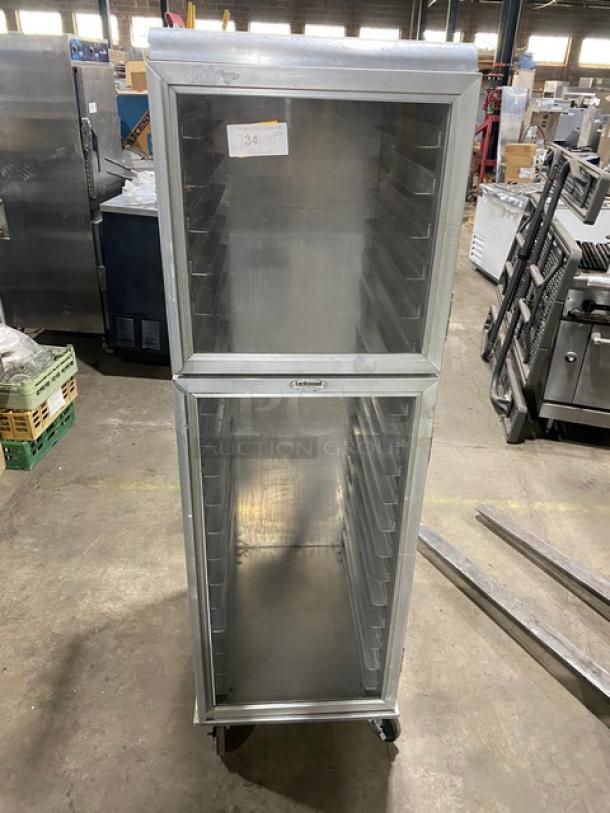 Lockwood CA72-RR18-S-R commercial clear half-door cabinet with built-in pan slides, on casters, excellent condition.