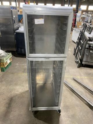 Lockwood CA72-RR18-S-R commercial clear half-door cabinet with built-in pan slides, on casters, excellent condition.
