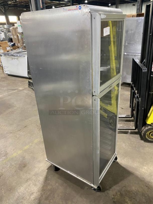 Lockwood CA72-RR18-S-R commercial clear half-door display cabinet, built-in pan slides, on casters, in used condition.