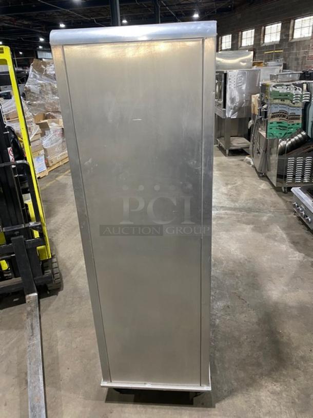 Lockwood Commercial CA72RR18SR display/transport cabinet, stainless steel, clear half door, built-in pan slides, on casters.