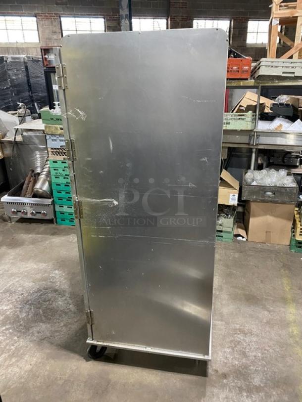 Lockwood CA72-RR18-S-R clear half door display/transport cabinet with built-in pan slides, on casters, fair condition.