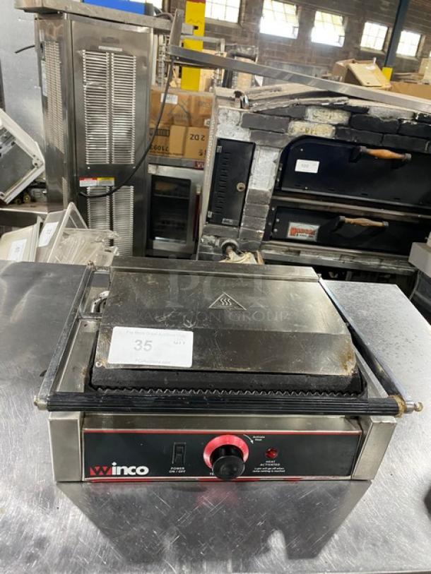 Winco EPG-1 commercial stainless steel panini grill with grooved grates, electric powered, 120V, good condition.
