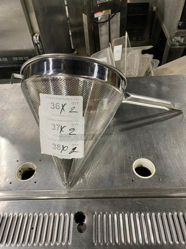 Brand new Update International 12" stainless steel coarse mesh China cap strainer, model CC-12C, on display.