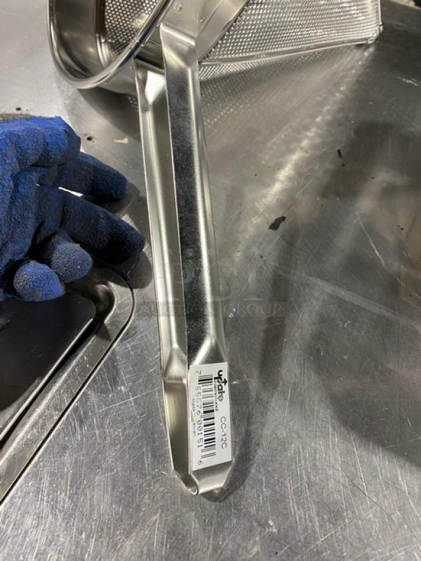 Brand new Update International 12" stainless steel china cap strainer, model CC-12C, with coarse mesh and label.