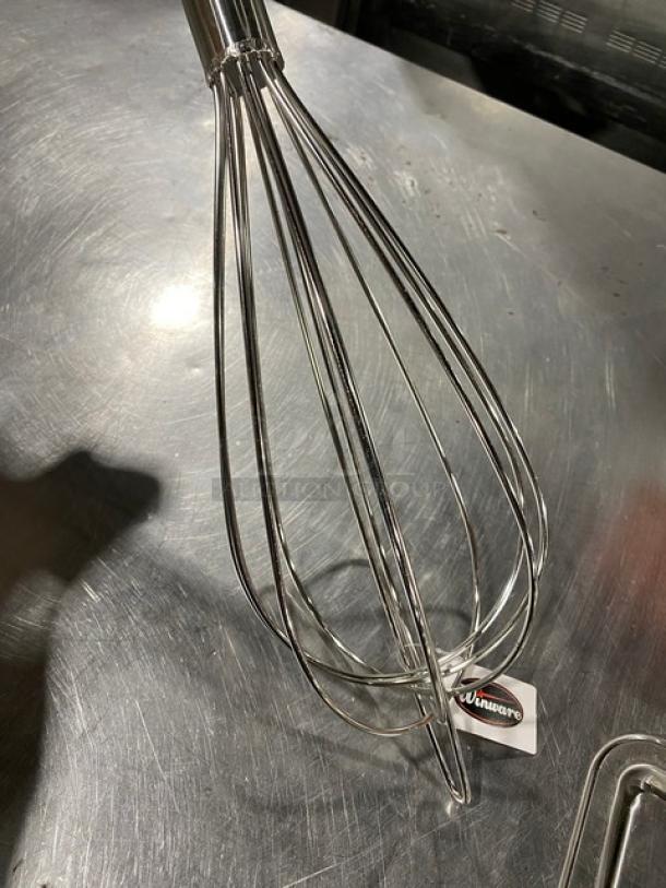 Brand new Winco MWP-40 commercial stainless steel 40" mayonnaise whisk, featuring durable wire construction and Winco tag.