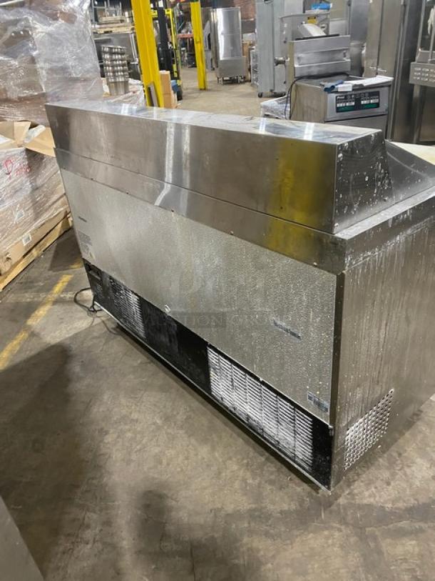 Avantco 178APT60HC stainless steel refrigerated 60-inch bain marie/sandwich prep table, model 9142480001, on casters.