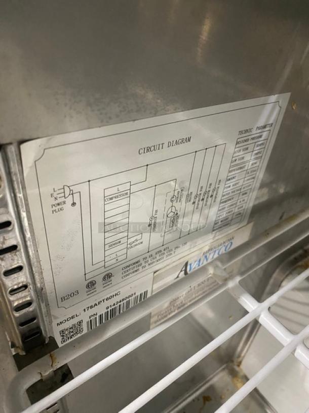 Avantco 178APT60HC stainless steel prep table, circuit diagram and model label visible, in good condition, on casters.