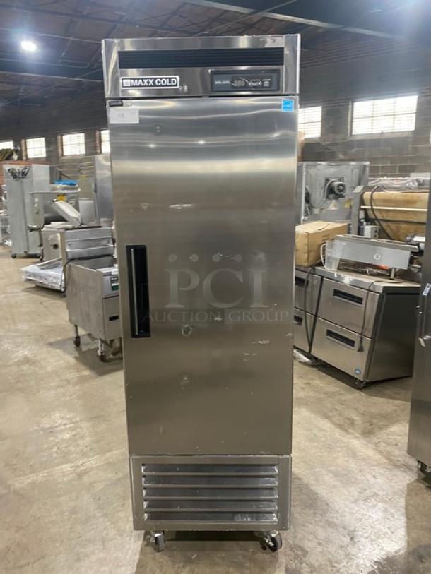 2021 Maxx Cold stainless steel one-door reach-in cooler, model MCR23FDHC, with poly-coated racks, on casters.