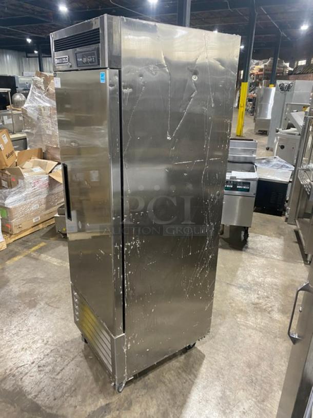2021 Maxx Cold MCR23FDHC one-door stainless steel cooler with poly-coated racks, on casters, 115V, in used condition.