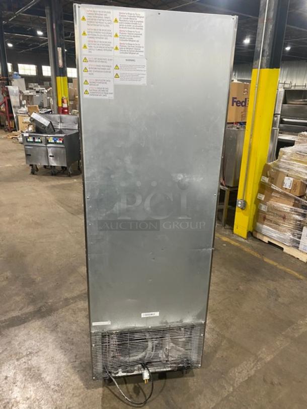 2021 Maxx Cold stainless steel one-door reach-in cooler, model MCR23FDHC, with poly-coated racks, on casters.