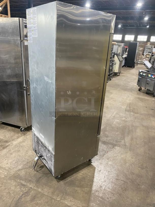 2021 Maxx Cold stainless steel one-door reach-in cooler, model MCR23FDHC, with poly-coated racks and casters.