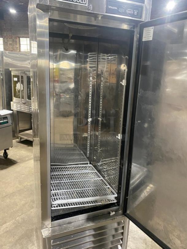 2021 Maxx Cold stainless steel one-door reach-in cooler, model MCR23FDHC, poly-coated racks, on casters, 115V.