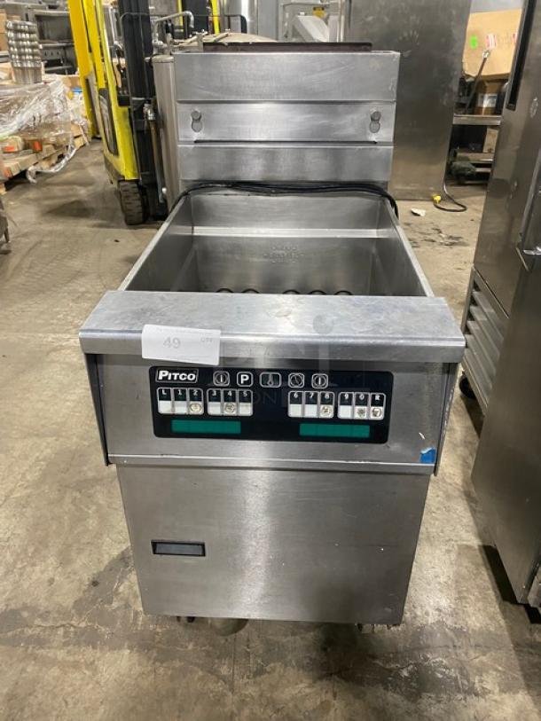 Pitco Soltice Series natural gas commercial deep fryer, 5 burner, digital controls, on casters, add-on oil filter option.