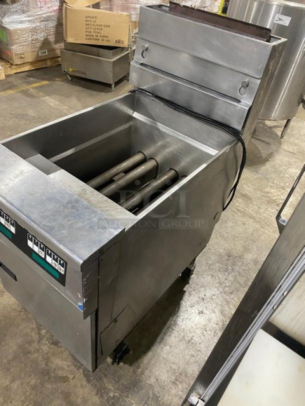 Pitco Soltice Series commercial deep fat fryer, natural gas, 5 burners, digital controls, on casters, good condition.