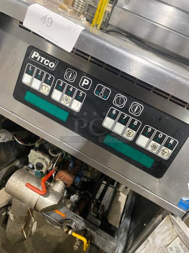 Pitco Soltice Series natural gas deep fryer with digital controls, 5 burners, on casters, in working condition.