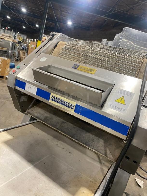 TMB Baking Euro2000S bread/baguette moulder & sheeter in good condition, 220V, on casters, with visible model label.