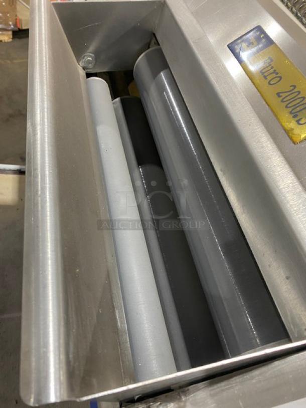 TMB Baking Euro2000S bread/baguette moulder and sheeter, stainless steel, 220V, on casters, visible model label.