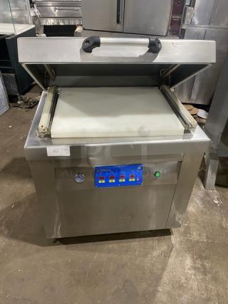 Promax stainless steel single chamber vacuum tray sealer with digital controls, on casters; used condition, working when removed.