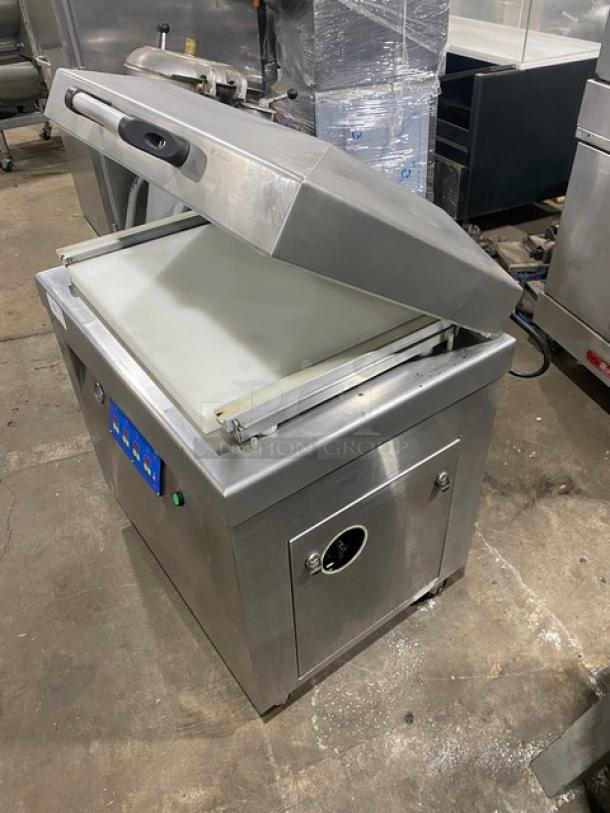 Sweet! Promax stainless steel electric vacuum tray sealer with digital controls. Single chamber, on casters, in working condition.