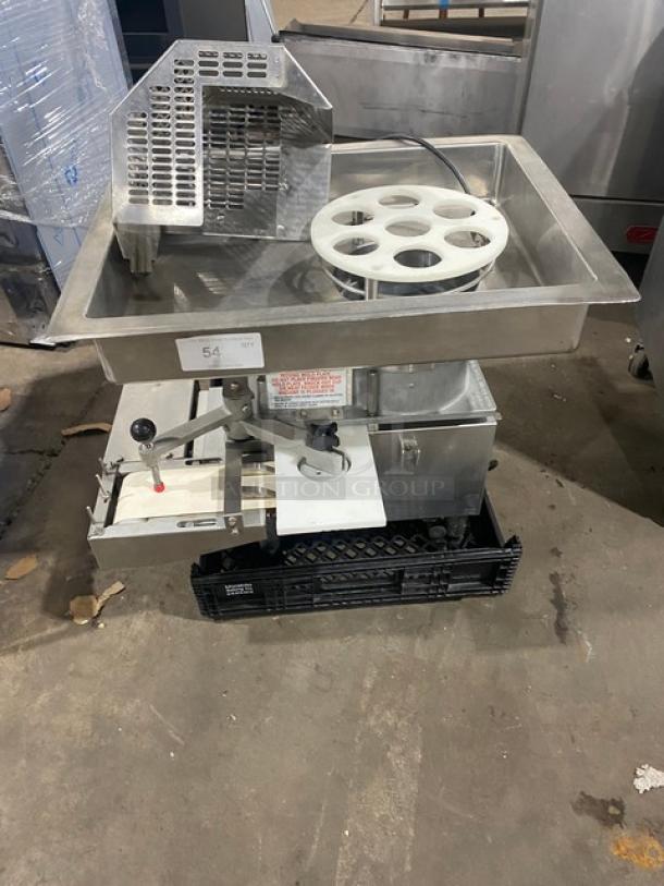 Patty-O-Matic stainless steel tabletop patty forming machine, model 300A, 75 lb capacity, electric, labeled with SN 3363, in working condition.
