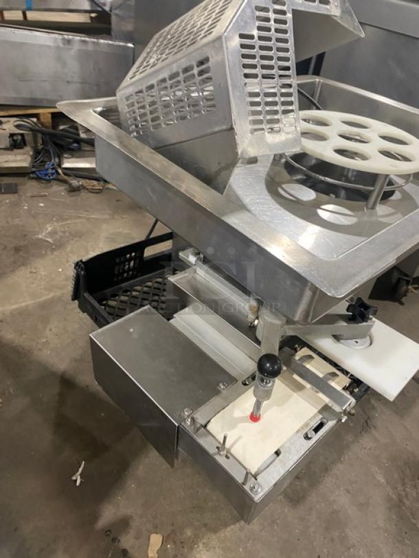 Patty-O-Matic 300A patty forming machine, stainless steel, 75 lb. capacity, electric, adjustable parts, working condition.