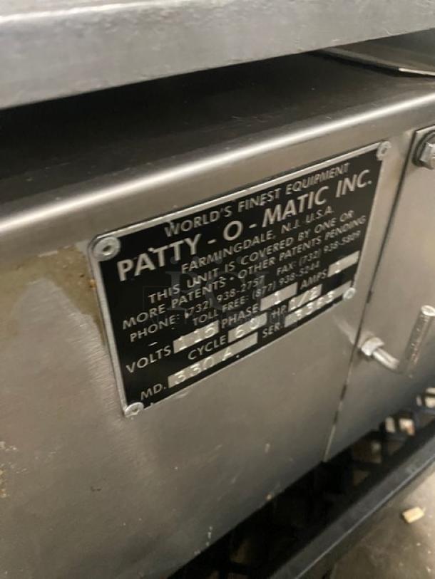 Patty-O-Matic Model 300A stainless steel patty forming machine, 75 lb. capacity, 115V 1-phase. Serial No. 3363, good condition.