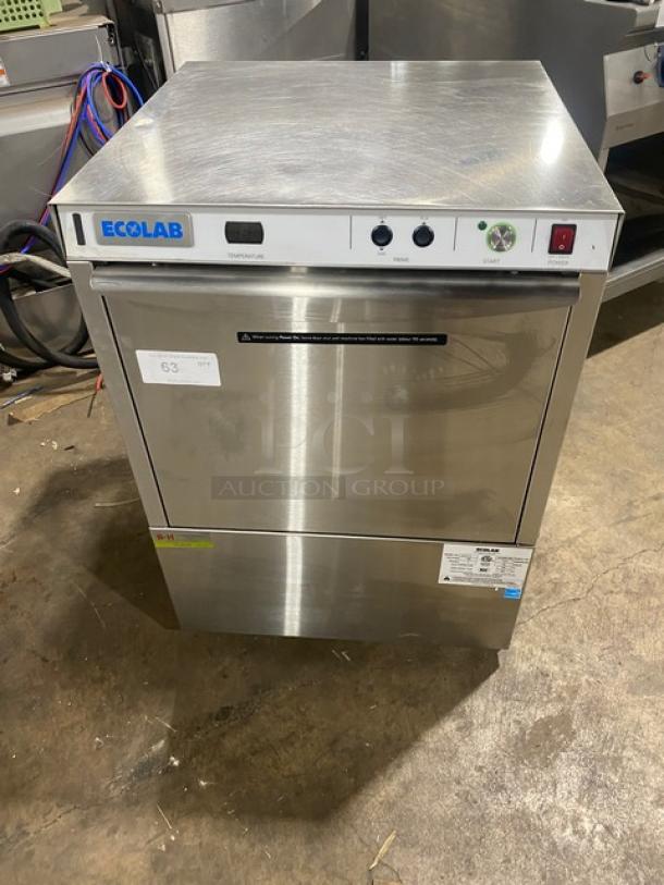 EcoLab stainless steel undercounter dishwasher, Model ULT1, Energy Star certified, with full-size peg rack, 120V 1 Phase.