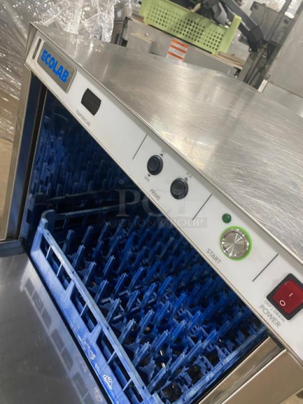 Ecolab stainless steel undercounter dishwasher, Model ULT1, Energy Star certified, with full-size peg rack, 120V 1 Phase.