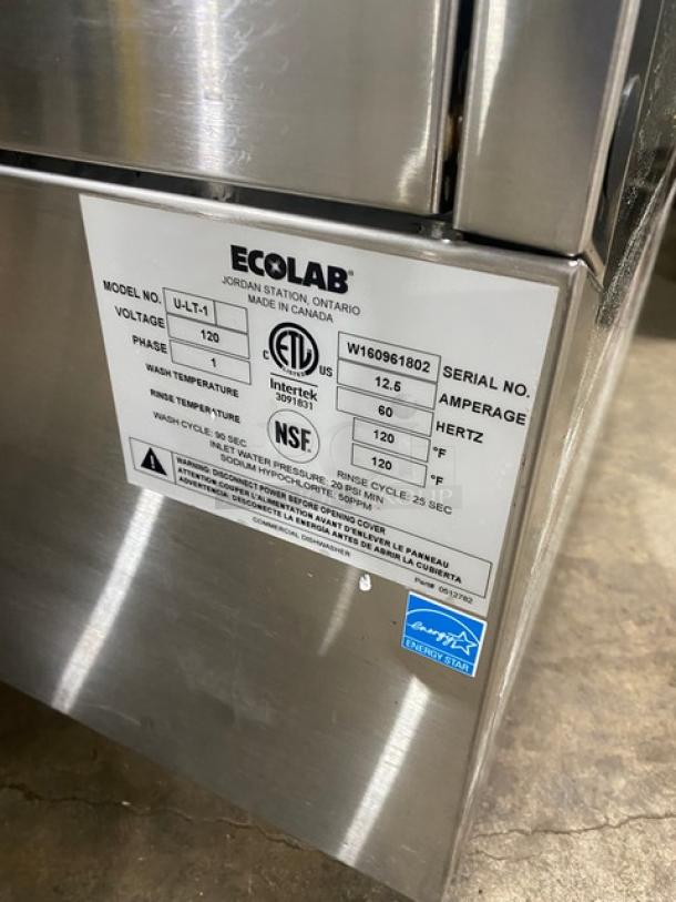 Ecolab stainless steel undercounter dishwasher, Model ULT1, Energy Star certified, with full-size peg rack. Serial W160961802.