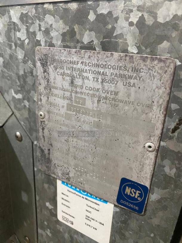 TurboChef NGCD6 commercial countertop rapid cook oven, stainless steel, digital touch controls, serial number NGCD6D11238, 208/240V, NSF certified.